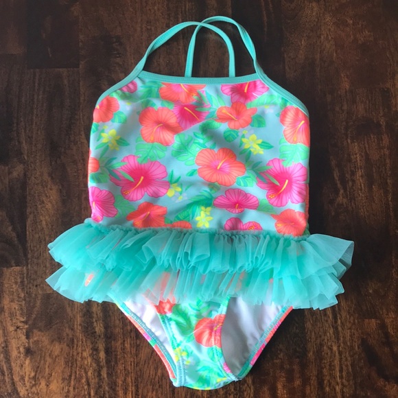 Size 4T Aqua Mint-Flower Print Healthtex Health Toddler Girl ONE Piece Tutu Swimsuit